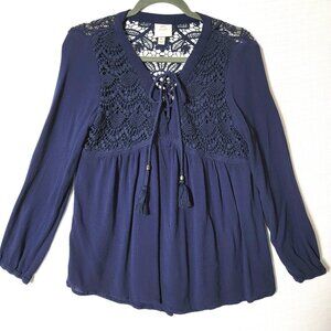 Knox Rose Peasant Top Womens Sz M Lace Crochet Bodice Long Sleeve Navy Blue